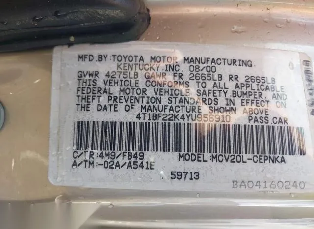 4T1BF22K4YU956910 2000 2000 Toyota Camry- Le V6 9