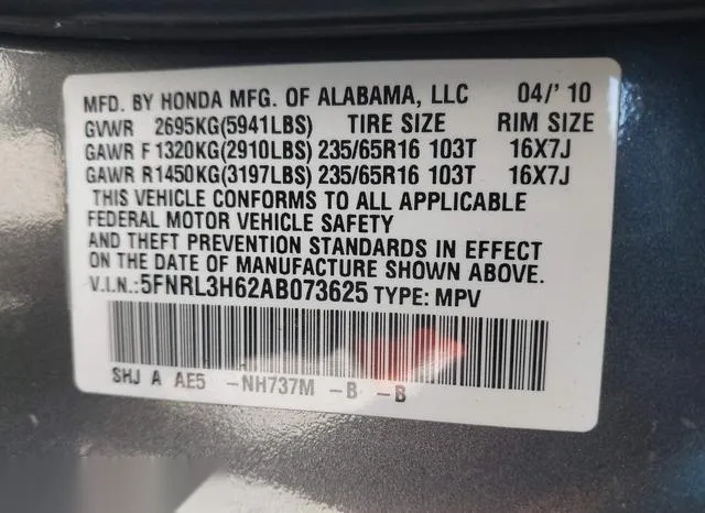 5FNRL3H62AB073625 2010 2010 Honda Odyssey- Ex-L 9