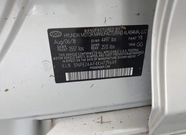 5NPE24AF4KH729649 2019 2019 Hyundai Sonata- SE 9