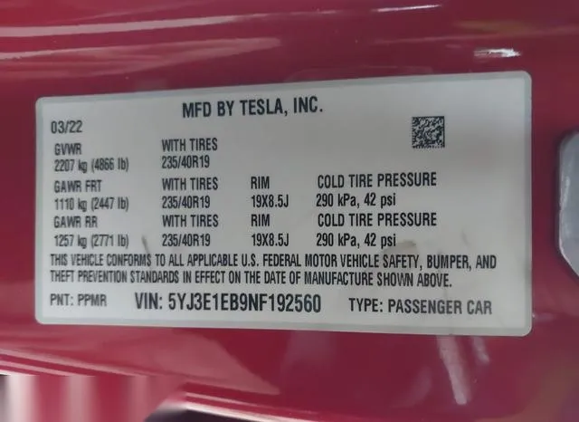 5YJ3E1EB9NF192560 2022 2022 Tesla Model 3- Long Range Dual 9