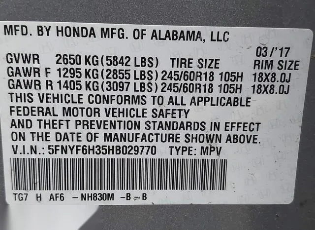 5FNYF6H35HB029770 2017 2017 Honda Pilot- EX 9