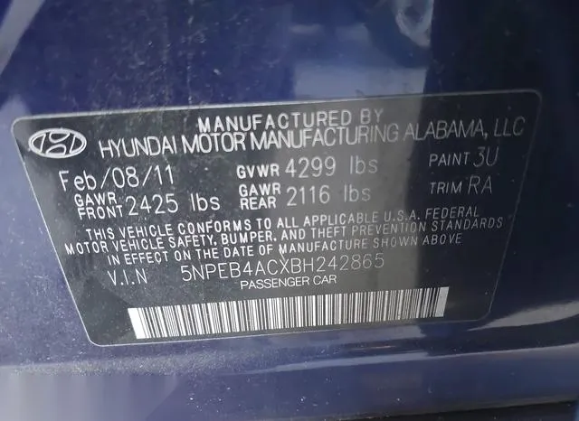 5NPEB4ACXBH242865 2011 2011 Hyundai Sonata- Gls 9