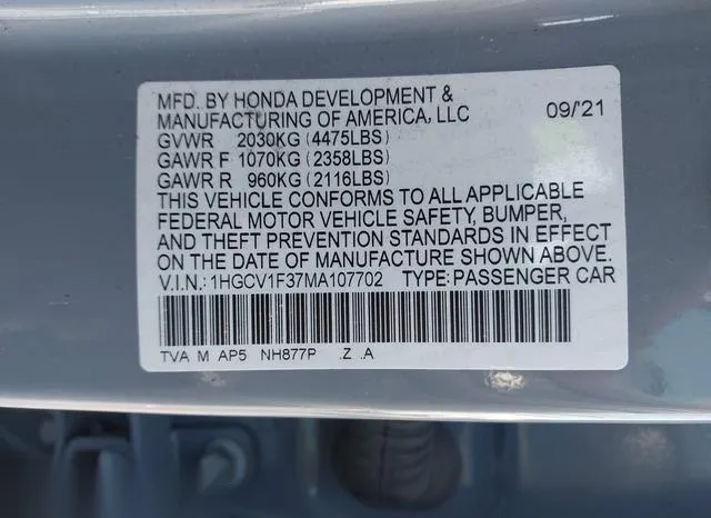 1HGCV1F37MA107702 2021 2021 Honda Accord- Sport 9