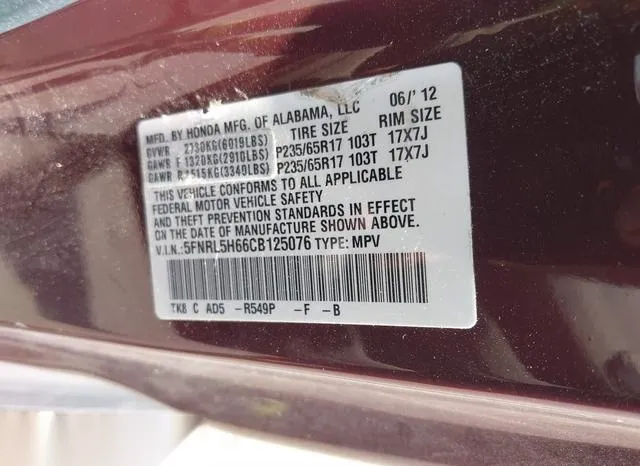 5FNRL5H66CB125076 2012 2012 Honda Odyssey- Ex-L 9