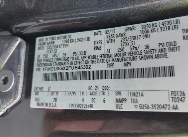 1FMCU0GX2FUB45302 2015 2015 Ford Escape- SE 9