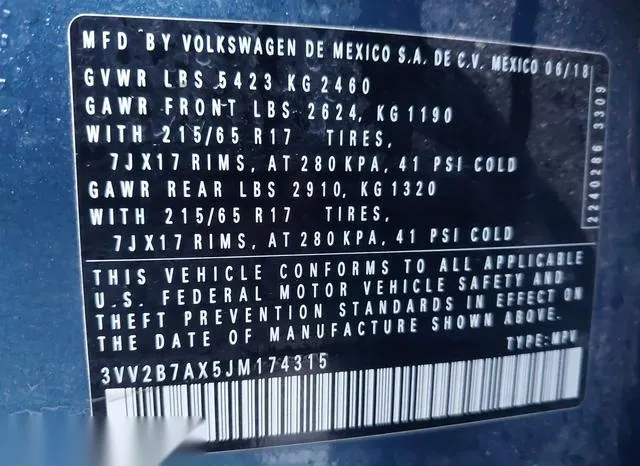 3VV2B7AX5JM174315 2018 2018 Volkswagen Tiguan- 2-0T Se/2-0T 9