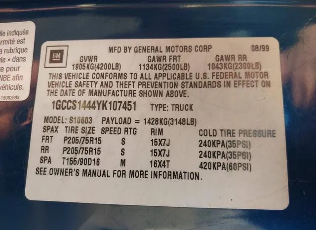 1GCCS1444YK107451 2000 2000 Chevrolet S10- LS 9