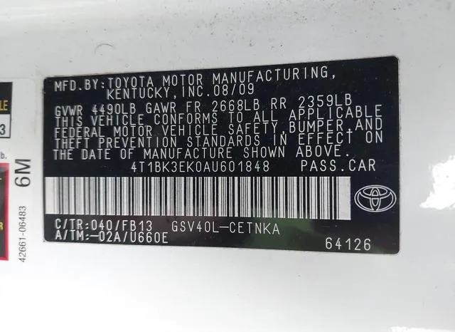 4T1BK3EK0AU601848 2010 2010 Toyota Camry- Le V6 9