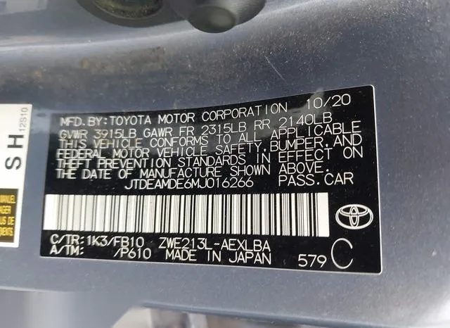 JTDEAMDE6MJ016266 2021 2021 Toyota Corolla- Hybrid Le 9