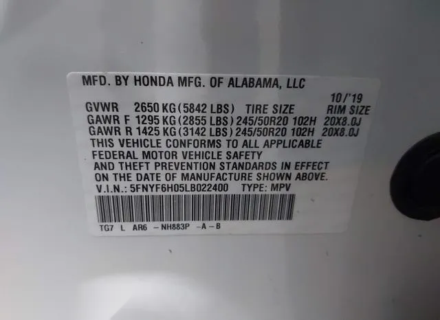 5FNYF6H05LB022400 2020 2020 Honda Pilot- Awd Elite 9