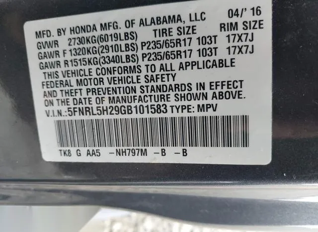 5FNRL5H29GB101583 2016 2016 Honda Odyssey- LX 9