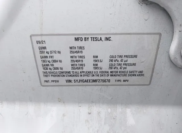 5YJYGAEE3MF275670 2021 2021 Tesla Model Y- Long Range Dual 9