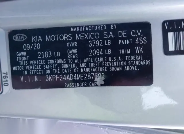 3KPF24AD4ME287692 2021 2021 KIA Forte- Lxs 9