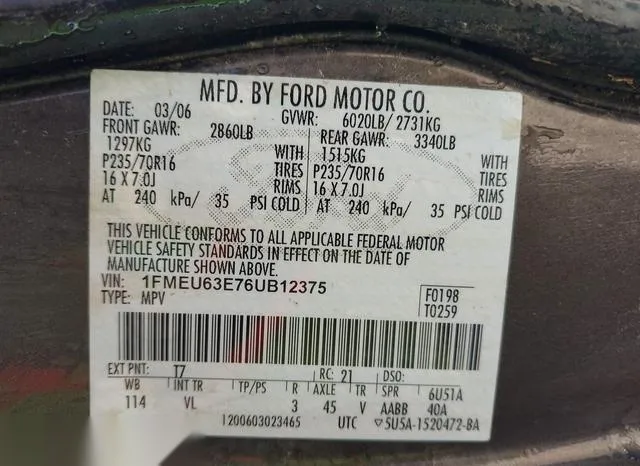 1FMEU63E76UB12375 2006 2006 Ford Explorer- Xlt 9