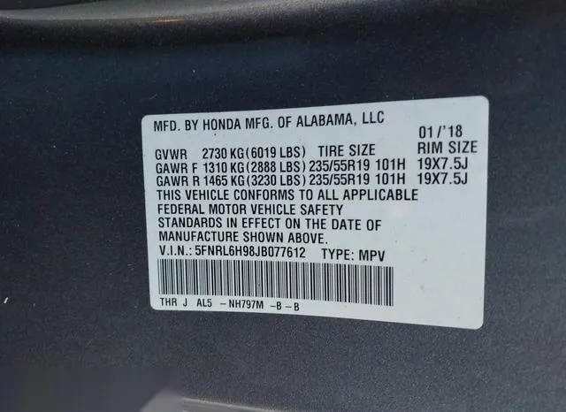 5FNRL6H98JB077612 2018 2018 Honda Odyssey- Elite 9