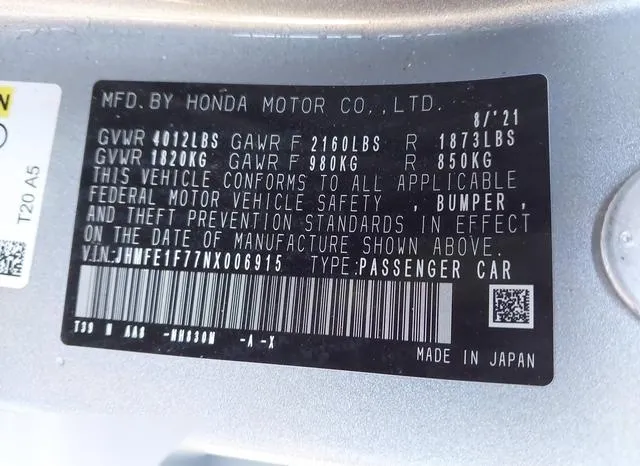 JHMFE1F77NX006915 2022 2022 Honda Civic- EX 9