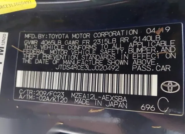 JTDS4RCE3LJ020492 2020 2020 Toyota Corolla- SE 9