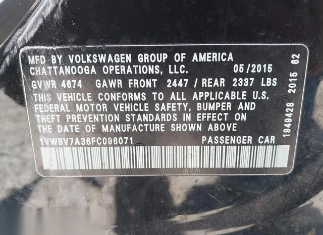 1VWBV7A36FC096071 2015 2015 Volkswagen Passat- 2-0L Tdi Se 9