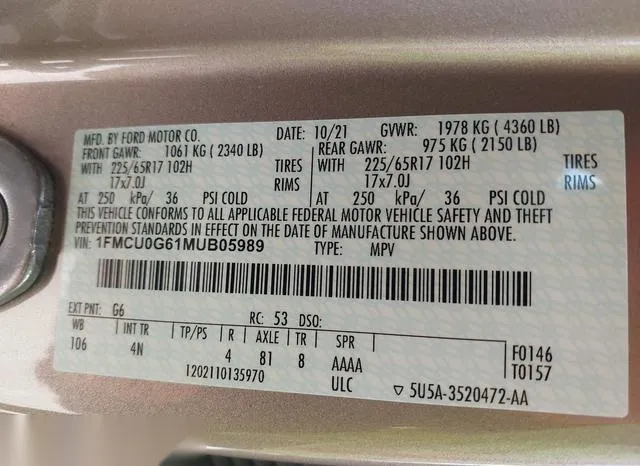 1FMCU0G61MUB05989 2021 2021 Ford Escape- SE 9