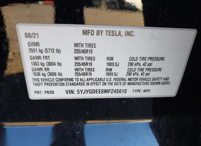 5YJYGDEE8MF245615 2021 2021 Tesla Model Y- Long Range Dual 9