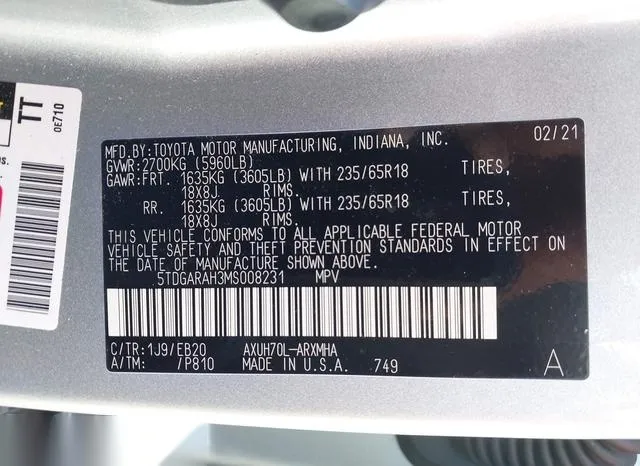 5TDGARAH3MS008231 2021 2021 Toyota Highlander- Hybrid Xle 9