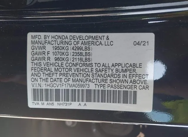 1HGCV1F17MA059973 2021 2021 Honda Accord- LX 9