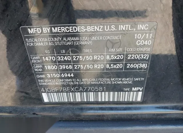 4JGBF7BEXCA770581 2012 2012 Mercedes-Benz GL 450- 4Matic 9