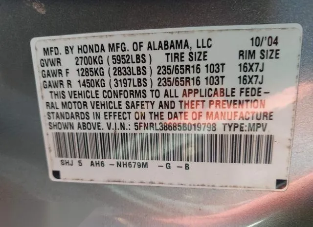 5FNRL38685B019798 2005 2005 Honda Odyssey- Ex-L 9