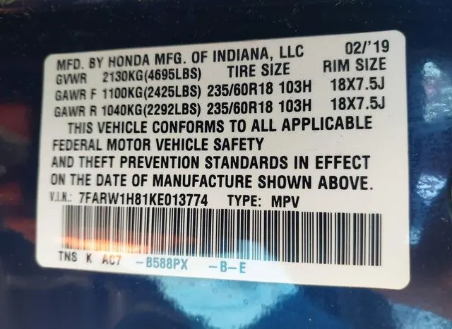 7FARW1H81KE013774 2019 2019 Honda CR-V- Ex-L 9