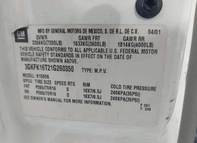 3GKFK16T21G260350 2001 2001 GMC Yukon Xl 1500- Slt 9