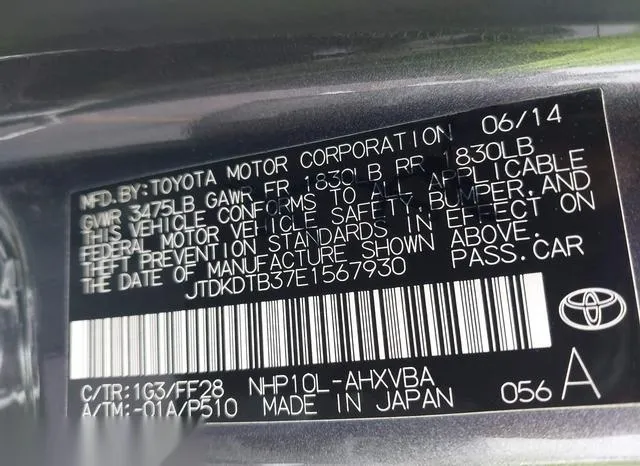 JTDKDTB37E1567930 2014 2014 Toyota Prius- C Two 9