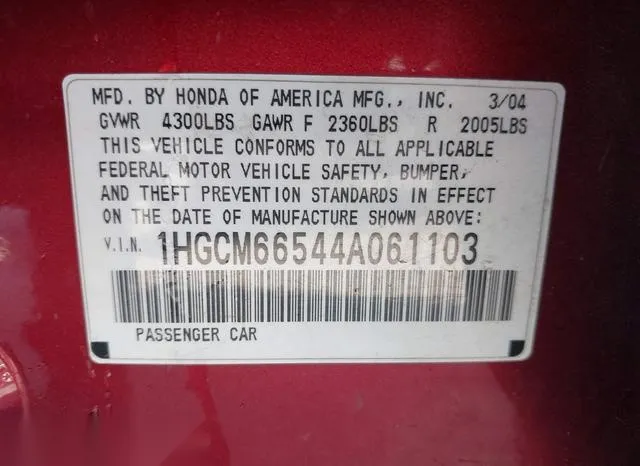 1HGCM66544A061103 2004 2004 Honda Accord- 3-0 EX 9