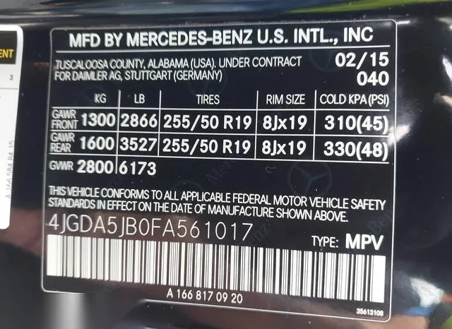 4JGDA5JB0FA561017 2015 2015 Mercedes-Benz ML 350 9