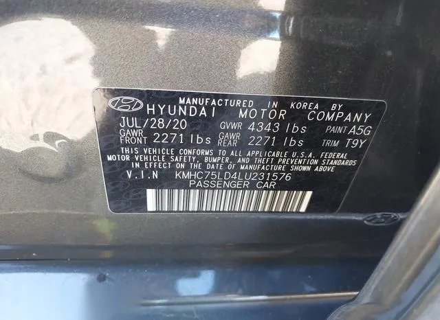 KMHC75LD4LU231576 2020 2020 Hyundai Ioniq- Plug-In Hybrid Sel 9