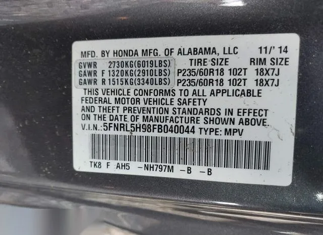 5FNRL5H98FB040044 2015 2015 Honda Odyssey- Touring/Touring 9