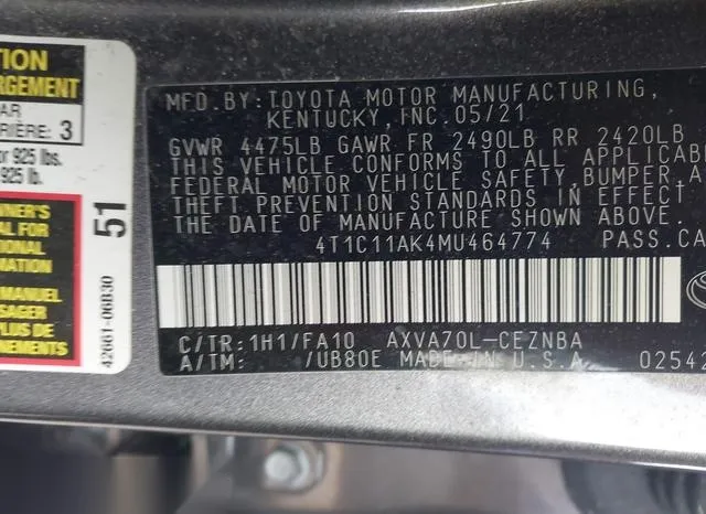 4T1C11AK4MU464774 2021 2021 Toyota Camry- LE 9