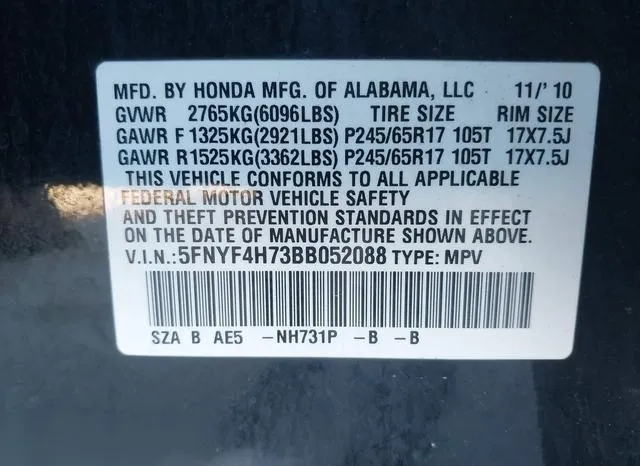 5FNYF4H73BB052088 2011 2011 Honda Pilot- Ex-L 9