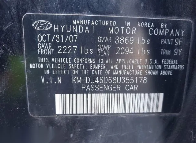 KMHDU46D68U355178 2008 2008 Hyundai Elantra- Gls/Se 9