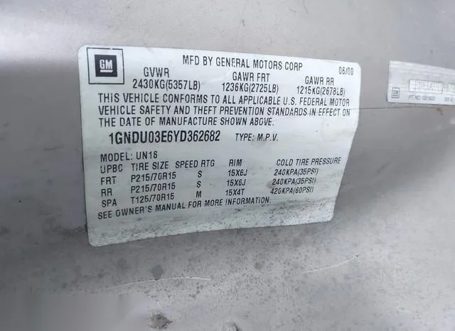 1GNDU03E6YD362682 2000 2000 Chevrolet Venture- Plus 9