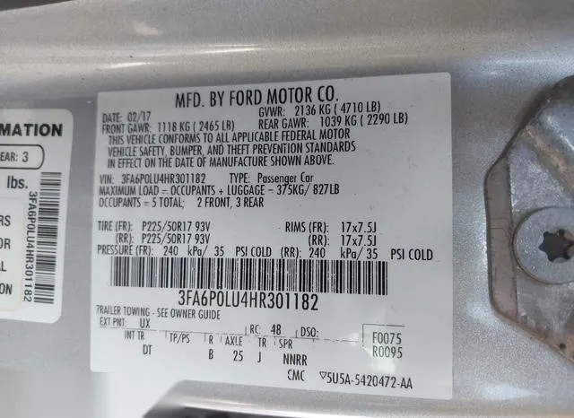 3FA6P0LU4HR301182 2017 2017 Ford Fusion- Hybrid SE 9