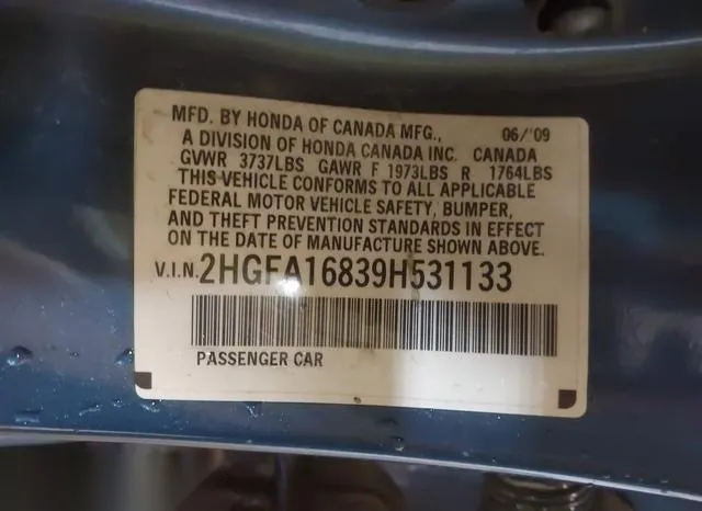 2HGFA16839H531133 2009 2009 Honda Civic- EX 9