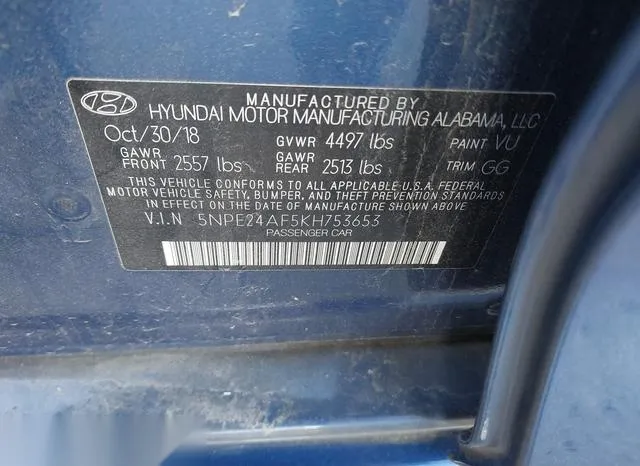 5NPE24AF5KH753653 2019 2019 Hyundai Sonata- SE 9