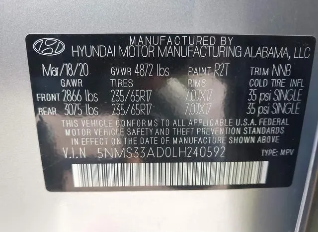 5NMS33AD0LH240592 2020 2020 Hyundai Santa Fe- Sel 9