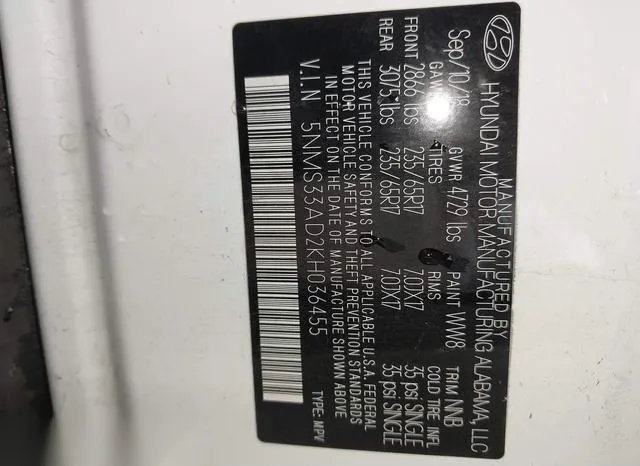 5NMS33AD2KH036455 2019 2019 Hyundai Santa Fe- Sel 9