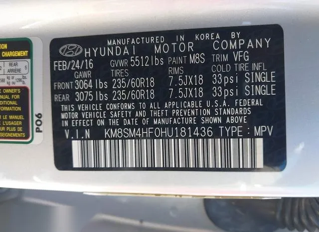 KM8SM4HF0HU181436 2017 2017 Hyundai Santa Fe- SE 9