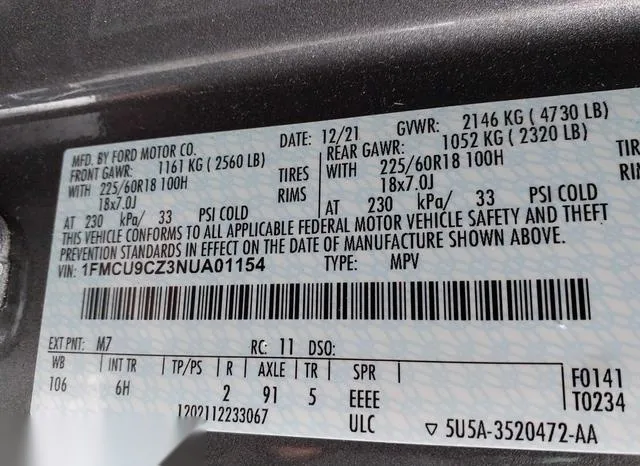 1FMCU9CZ3NUA01154 2022 2022 Ford Escape- Sel Hybrid 9