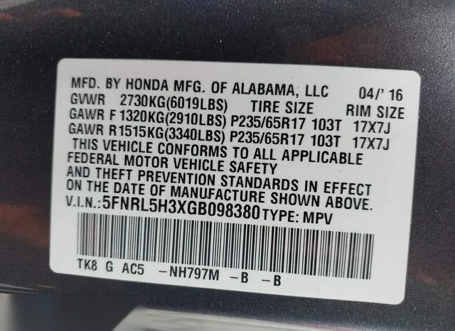 5FNRL5H3XGB098380 2016 2016 Honda Odyssey- SE 9