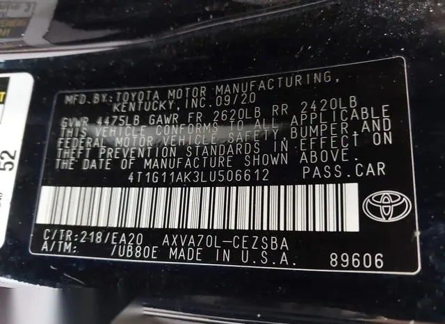 4T1G11AK3LU506612 2020 2020 Toyota Camry- SE 9