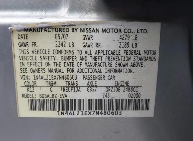 1N4AL21EX7N480603 2007 2007 Nissan Altima- 2-5 S 9