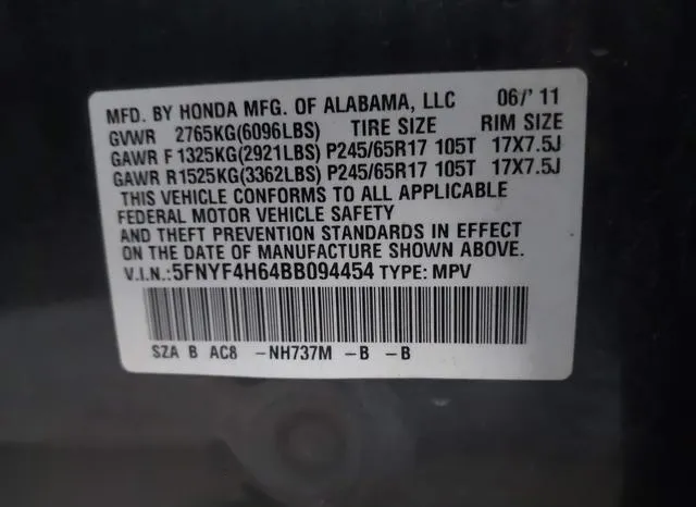 5FNYF4H64BB094454 2011 2011 Honda Pilot- Ex-L 9